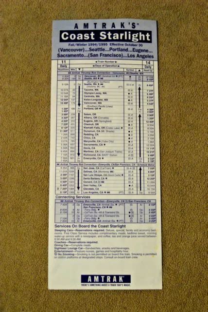 AMTRAK - COAST Starlight - Timetable Card - Fall Winter 1997/98 £2.86 ...