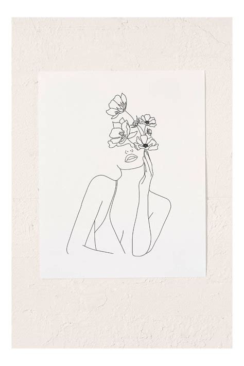 Nadja Line Art Woman With Flowers Art Print In 2020 Art Prints