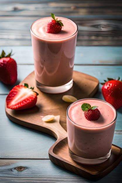 Premium Ai Image Two Glasses Of Strawberry Smoothies On A Wooden Tray