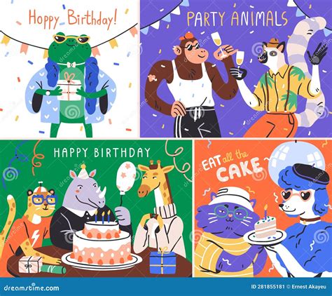 Happy Birthday Cards Set with Cute Funny Animals Friends. Cool ...