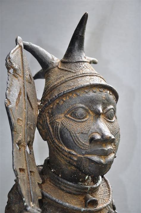 Large African Benin Bronze Warrior Statue Nigeria Regio Benin City