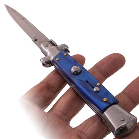 Akc 13 Inch Automatic Stiletto Italiano Button Push Knife Blue Pearl