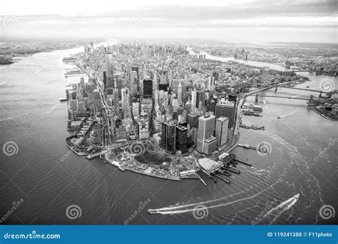 Aerial View Of Manhattan Skyline At Sunset New York City Stock Photo