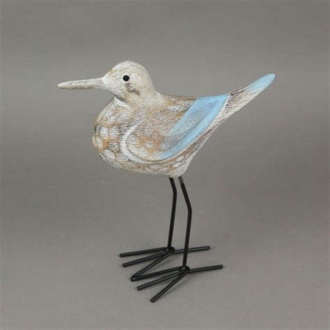 Carved Wood And Metal Sandpiper Shorebird Statue Coastal Accent One