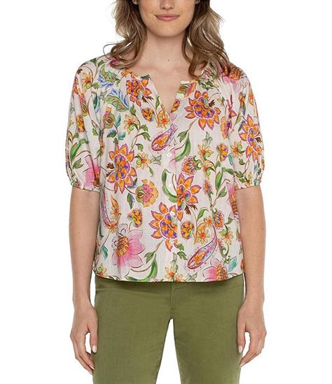 Liverpool Los Angeles Plus Size Woven Floral Print Split Round Neck