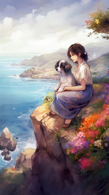 Premium Photo A Girl And Her Dog Sit On A Cliff Looking At The Sea