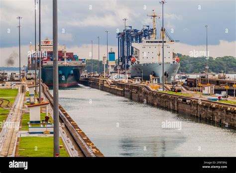 GATUN PANAMA MAY 29 2016 Cargo Ships Are Passing Through Gatun