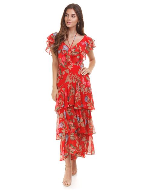 Wayf Chelsea Tiered Ruffle Maxi Dress In Red Tropical Fashionpass