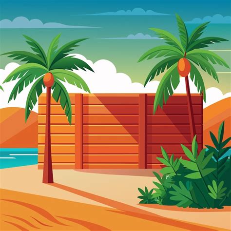 Una Pintura De Palmeras Y Una Valla Con Una Escena De La Playa Vector