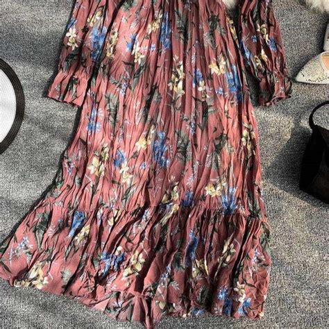 Women Dress Elegant V Neck Floral Printed Flare Sleeve A Line Chiffon