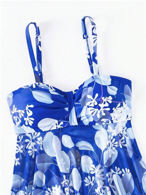 Women Fashion Floral Print Asymmetrical Mesh Swim Dress Bikini Bottom Set For Summer For Sale