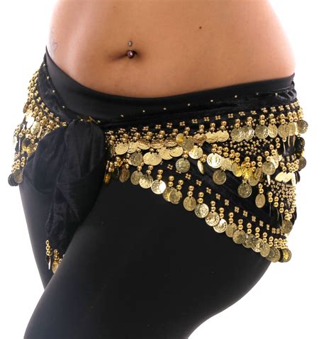 1x 4x Plus Size Black Velvet Belly Dance Gold Coin Hip Scarf Belt