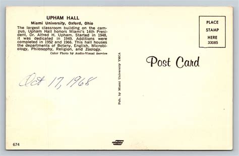 C Upham Hall Miami University Oxford Ohio Fashion Vintage Postcard