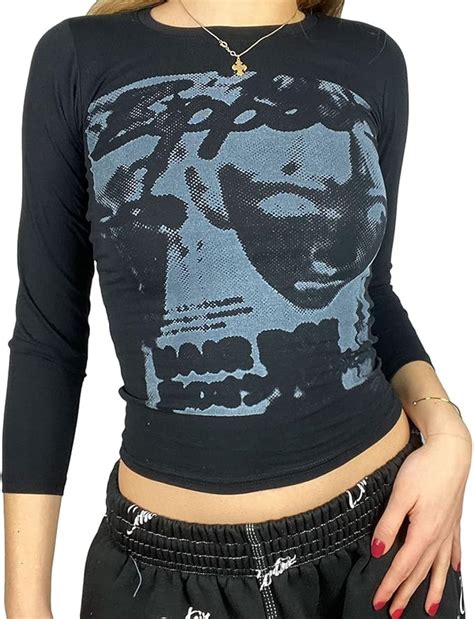 Binbins Womens Face Potrait Print Crop Top Y2k Long Sleeve Graphic T