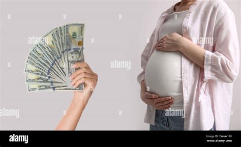 Surrogacy Intended Mother With Money And Pregnant Woman On Light Background Closeup Banner