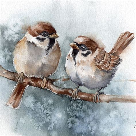 Sparrows Couple Painting Birds Original Watercolor Art Sparrows On