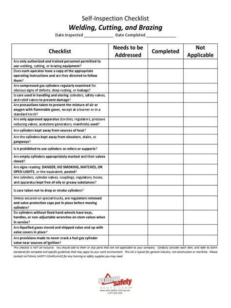 Welding Cutting And Brazing Self Inspection Checklist Pdf Valve Gases