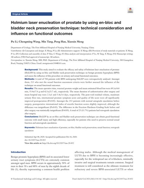 Pdf Holmium Laser Enucleation Of Prostate By Using En Bloc And Bladder Neck Preservation