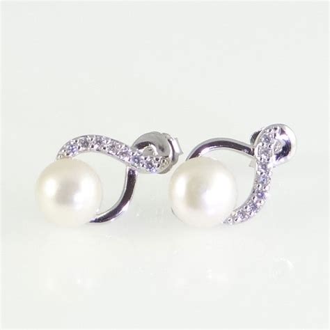 Sterling Silver Cz And Simulated Pearl Stud Earrings