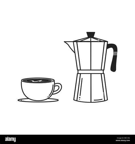 Black And White Coffee Moka Pot With Cup Vector Illustration Stock