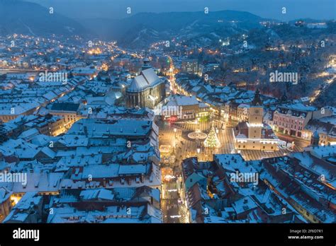 Aerial winter view of Brasov city, at blue hour Stock Photo - Alamy