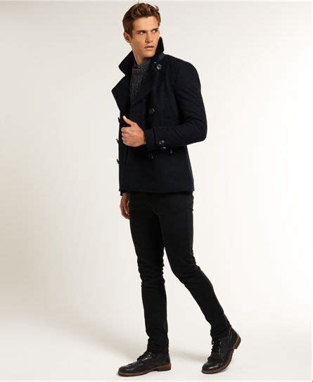 Men S Commodity Slim Pea Coat In Dark Navy Superdry Uk Peacoat Coat Superdry