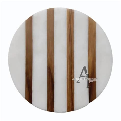 White Round Marble Tea Coaster With Wood Strips Inlay Thickness 10 Mm