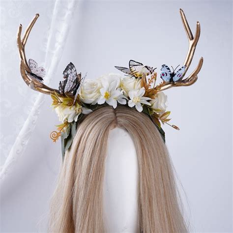 Fairy Butterfly Horn Flower Crown Gold Antler Headband Floral Wedding