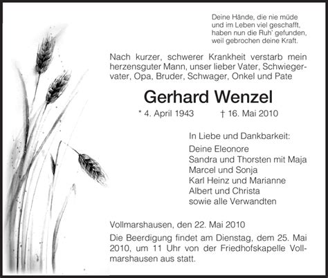 Traueranzeigen Von Gerhard Wenzel Trauer Hna De