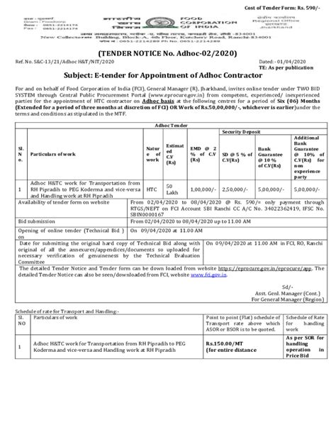 Fillable Online Fci Gov Cost Of Tender Form Rs Food Corporation Of