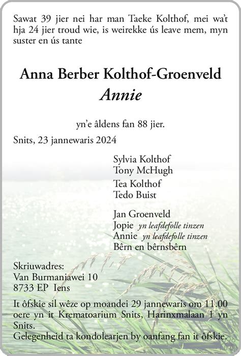 Anna Berber Annie Kolthof Groenveld Overlijdensbericht En