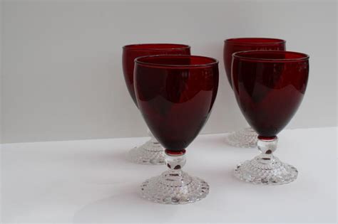 Vintage Anchor Hocking Glass Royal Ruby Red Clear Bubble Foot Water Or Wine Glasses