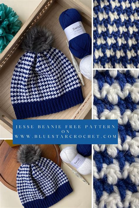 Crocheted Beanie Hat With Pom Pom In Blue And White