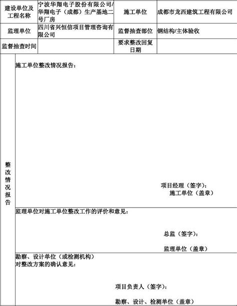 建设工程质量监督意见整改回复单word文档免费下载亿佰文档网