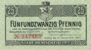 Banknote Pfennig German Notgeld Remscheid Gra R A Tie