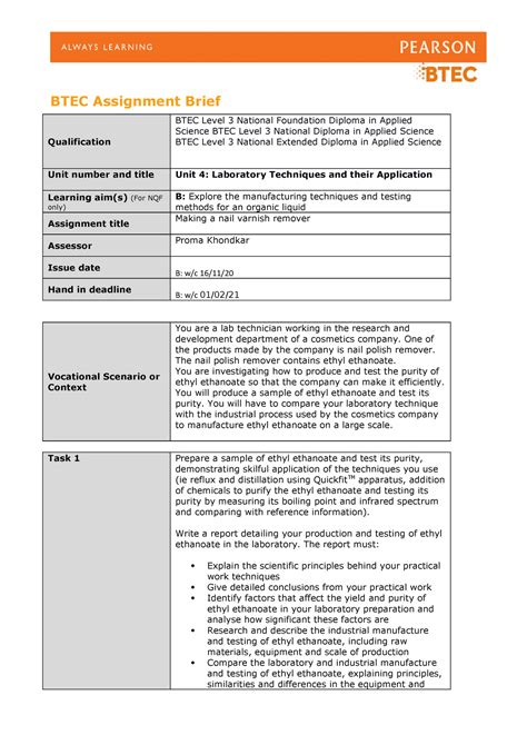 Authorised Assignment Brief For Learning Aim B Unit Laboratory