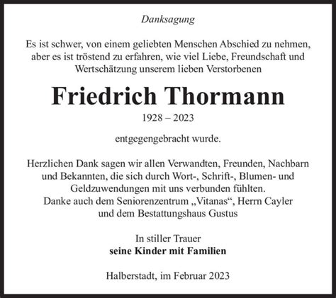 Traueranzeigen Von Friedrich Thormann Abschied Nehmen De