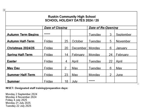 School Day And Holidays Ruskin Community High School