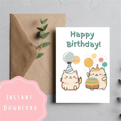 Birthday Card Happy Cute Cat Printable Foldable Birthday Greeting Funny ...