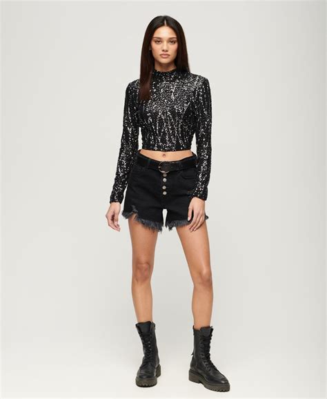 Womens Long Sleeve Sequin Crop Top In Black Sequin Superdry Uk