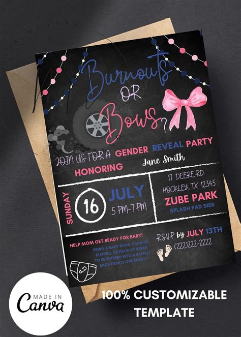 Burnouts Or Bows Gender Reveal Invitation Digital Template Burnouts Or