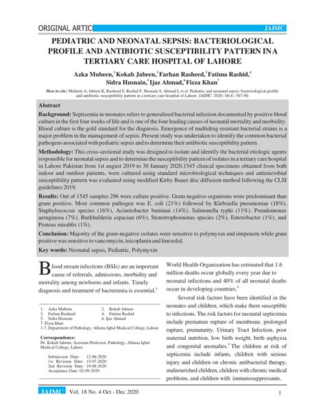 Pdf Pediatric And Neonatal Sepsis Bacteriological Profile And Antibiotic Susceptibility