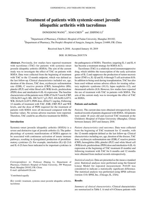 Pdf Treatment Of Patients With Systemic‑onset Juvenile Idiopathic Arthritis With Tacrolimus