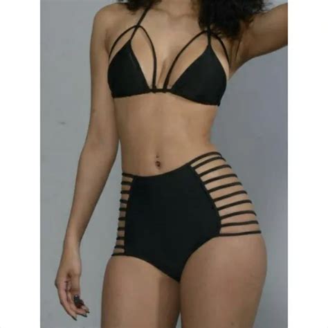 Sexy Bandage Bikini Women Ropes Black Bathing Suit High Waist Bikini