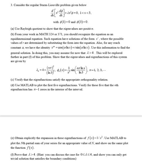 Solved 3 Consider The Regular Sturm Liouville Problem Given Chegg