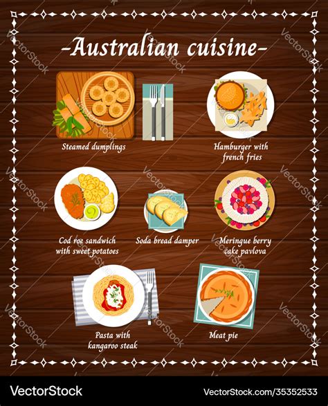 Australian cuisine food menu dishes restaurant Vector Image