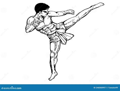 Vector Drawing Of Muay Thai Sport Of 1 Person In Black And White Style