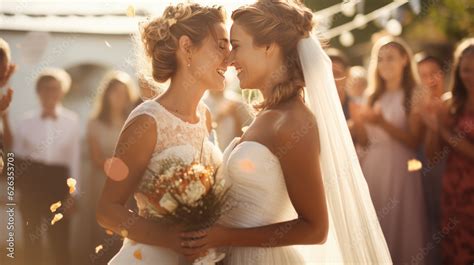 Portrait Of A Happy Same Sex Lgbt Couple Kissing During Their Wedding Created With Generative