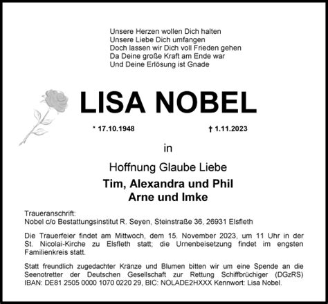 Traueranzeigen Von Lisa Nobel Nordwest Trauer De