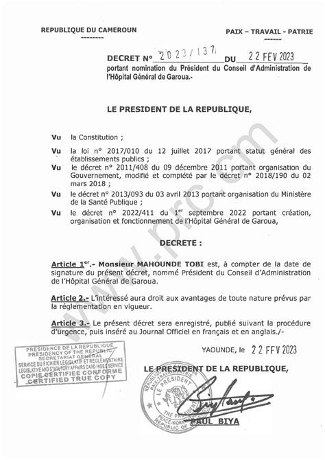 Décret N°2023137 Du 22 Février 2023 Portant Nomination Du Président Du